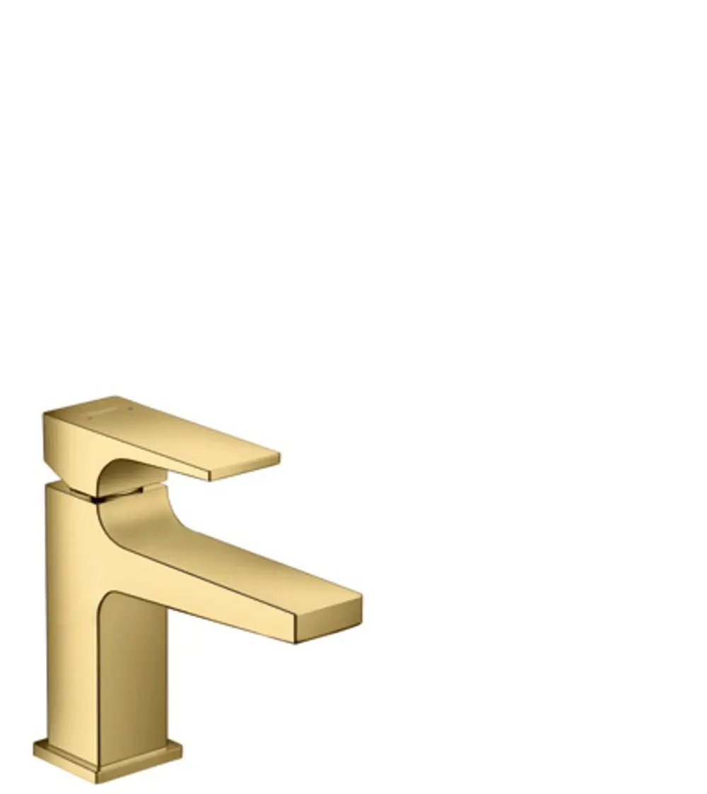Hansgrohe Waschtischmischer in glänzendem Gold-Finish, mit flachem Hebelgriff und breiter Auslaufkante, geeignet für Handwaschbecken.